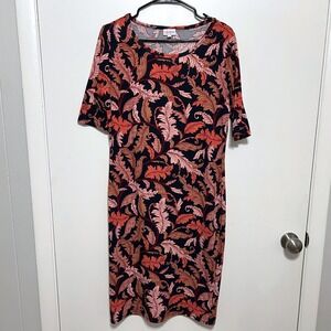 LuLaRoe Julia Dress Womens Large Black Pink Leaf Print Short Sleeve Sheath Midi